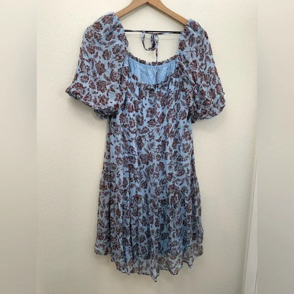 Madewell Blue Brown Floral Puff Sleeve Cute Flowy Swing Mini Dress Size 8 - Picture 3 of 12